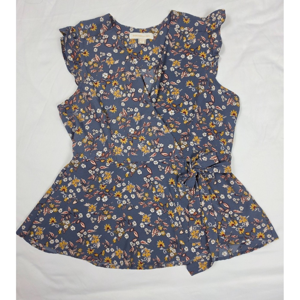 Monteau Los Angeles XL Blue Floral Wrap Front Peplum Blouse